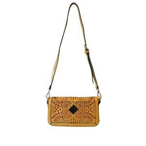 Nicole Lee Shoulder Handbag Purse Mustard Yellow Cut Out Rinestones Faux Leather